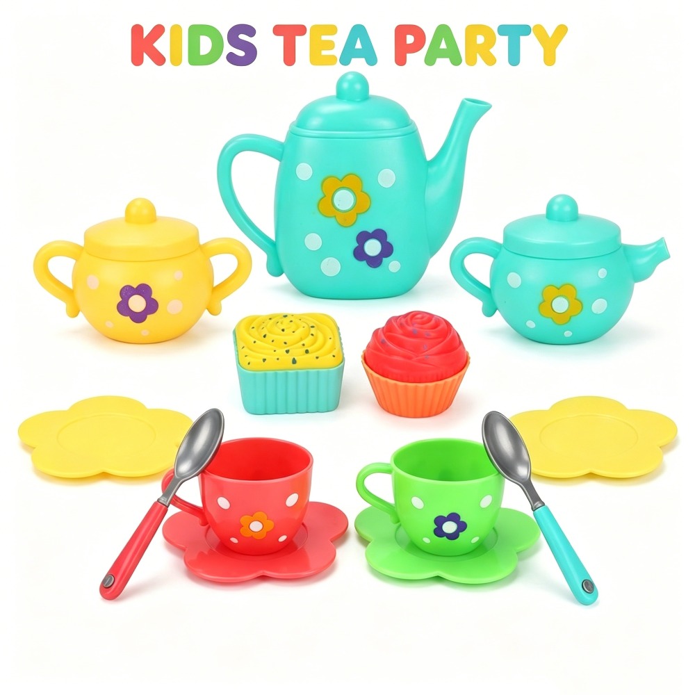 Kids Outdoor Kitchen Accessories - 13個入り子供用おもちゃのお茶セット、カラフルなプラスチック製のティーポット、カップ、スプーン、花柄のプレートとカップケーキ付きのごっこ遊びキッチンおもちゃ